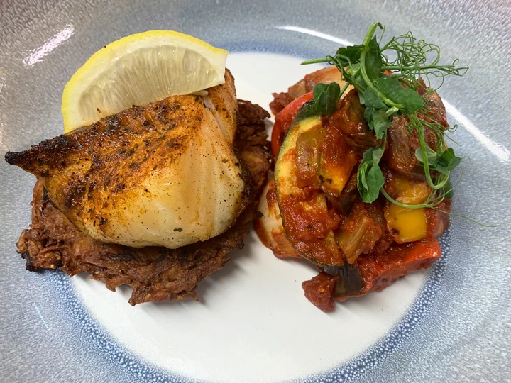 Easy Steps Make|Recipe} Harissa cod on a rosti served with ratatouille the Delicious