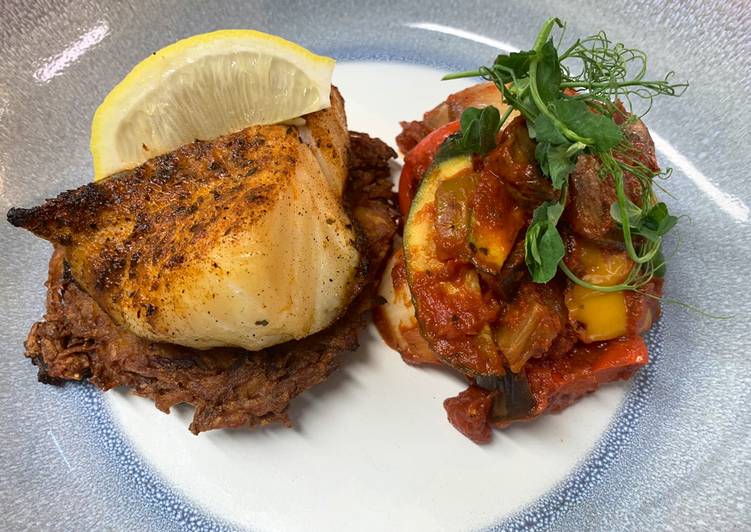 Harissa cod on a rosti served with ratatouille