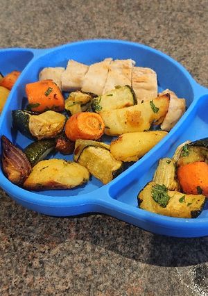 A picture of Lemon and Herb Roast chicken and Vegetables.