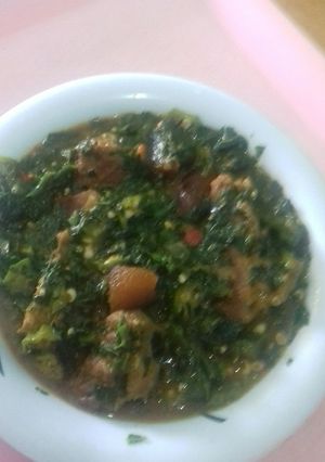A picture of Okro ans vegetable soup.
