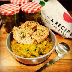 A picture of Hearty mung bean and rainbow Swiss chard soup.