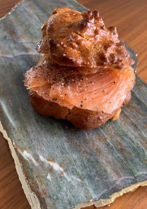 A picture of Low fat, low carb rosemary bagels for Jamo with salmon and black pepper.