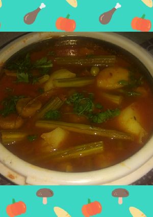 A picture of Drumsticks vadi and peas aaloo in tomato gravy.
