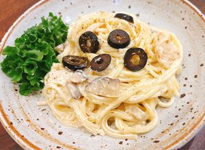 Hình của món Mì Ý sốt kem nấm.