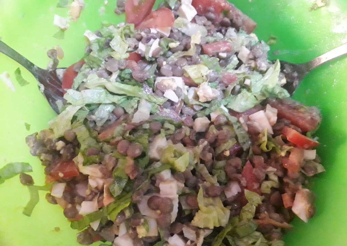 Ensalada de Lentejas, tomate, lechuga y huevo