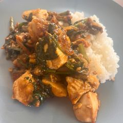 A picture of Peanut butter chicken with veggies.