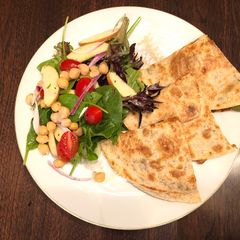 Chickpeas Lemon Peppers Salad with Refried Bean Veggies Quesadilla A picture of Chickpeas Lemon Peppers Salad with Refried Bean Veggies Quesadilla.