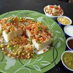 A picture of Dhokla Katori Chaat made from leftover dhokla.