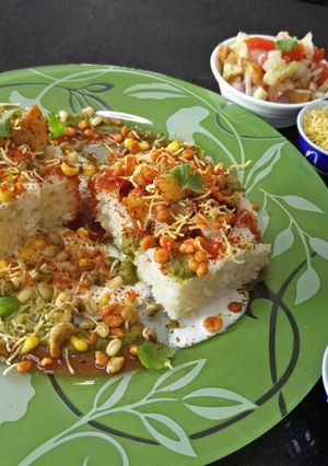A picture of Dhokla Katori Chaat made from leftover dhokla.