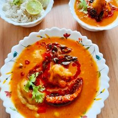 A picture of Dal Dhokli with Jeera Rice.