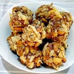 A picture of Praline three ways. Coconuts, dates, and groundnuts.