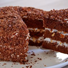 A picture of My Favorite! Chocolate Cake covered with Chocolate Shaving Curls.