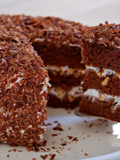 A picture of My Favorite! Chocolate Cake covered with Chocolate Shaving Curls.