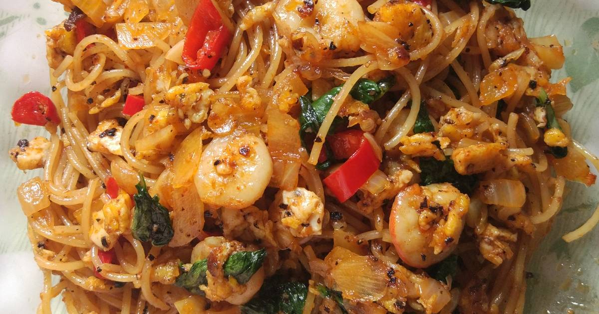 Resep Spaghetti Goreng Udang Black Pepper oleh Atikah Suri Pan Cookpad