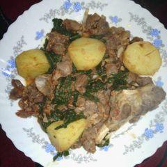 A picture of Beef served with potatoes.