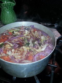 A picture of Red and White Cabbage and Kale Soup.