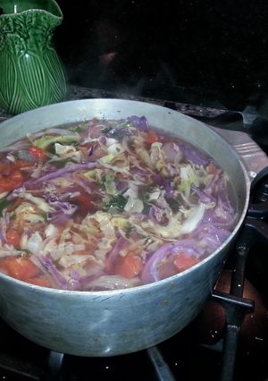 A picture of Red and White Cabbage and Kale Soup.