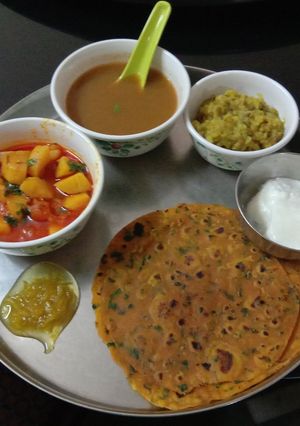 A picture of Aloo tomato sabji methi thepla vegetables soup moong dal khichdi.