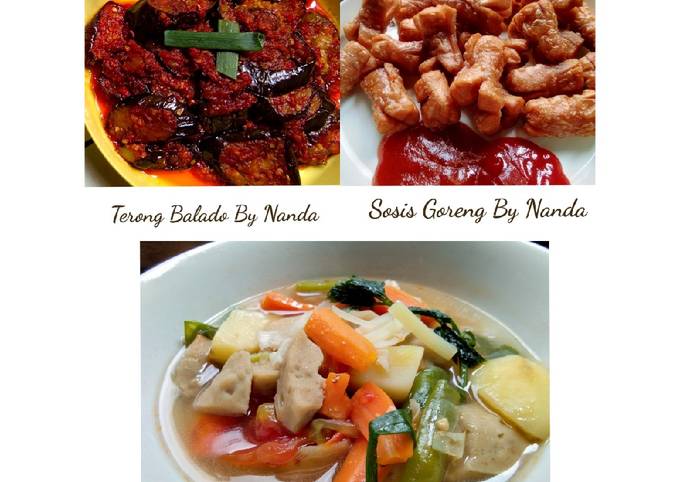 Soup Bakso, Terong Balado dan Sosis Goreng