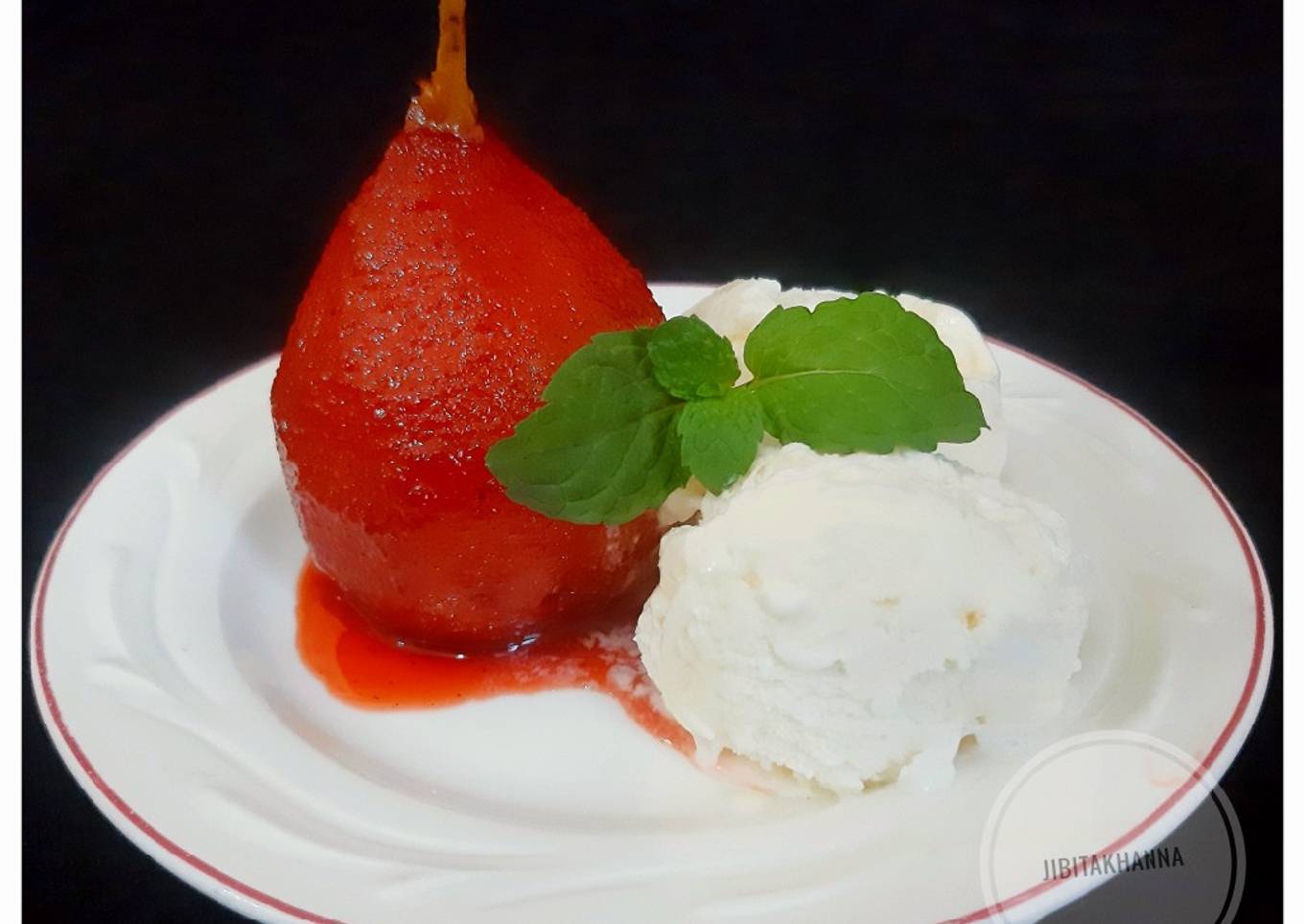 Beetroot Poached Pear with Vanilla Ice-cream