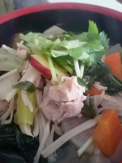 A picture of Udon noodle in Kenchin soup(Japanese vegetable chowder).