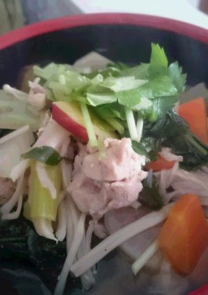 A picture of Udon noodle in Kenchin soup(Japanese vegetable chowder).