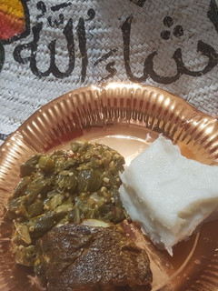 A picture of Lemony Okra served with sea bass and ugali(maizemeal).