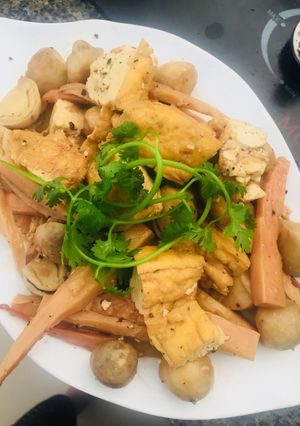 Hình của món Măng kho đậu hủ, nấm rơm (chay).