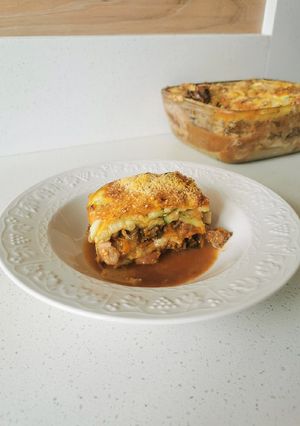 Una foto de Lasaña sin salsa blanca de callampas, zucchini, tocino y carne