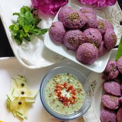 A picture of Classic Purple Cabbage Millets Steamed Dumplings TZATZIKI Dip.