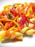 Fusilloni with Datterini Tomato Purée, Shrimp, Mini Peppers, and Walnuts
