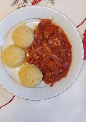 A picture of Gammon and baked beans stew.