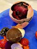 Cube of Summer Pudding, optional, served inside a chocolate sphere