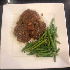 A picture of Smothered chicken or pork chops (shown with pork chops) Amethyst spin.