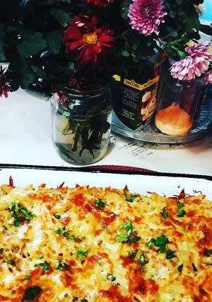 O poză a rețetei Penne la cuptor cu roșii și mozzarella.