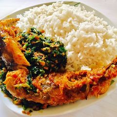 A picture of Vegetable Sauce, smoked mackerel and White Rice.