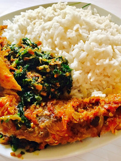 A picture of Vegetable Sauce, smoked mackerel and White Rice.