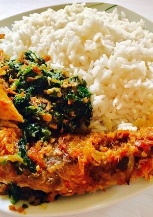 A picture of Vegetable Sauce, smoked mackerel and White Rice.