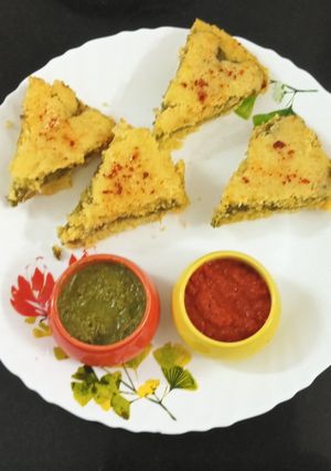 A picture of Layered Corn Stuffed Dhokla : A Fun Sandwich Twist.