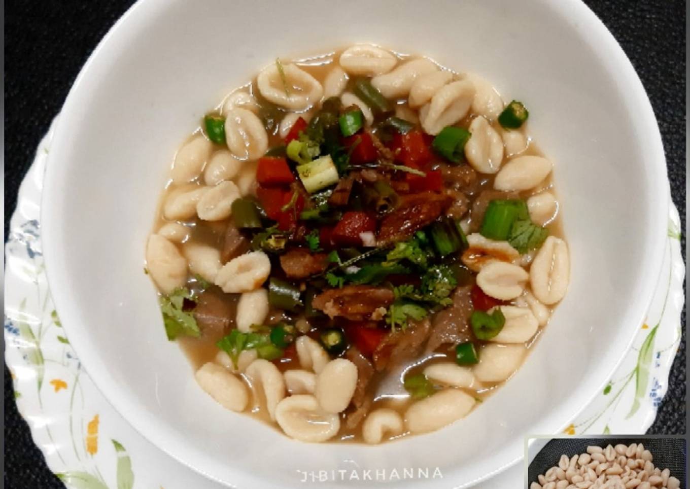 Cowrie/ Kouri (Handmade cowrie shell shaped noodles) in Soup