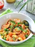 Sausage n steamed frozen vegetable with Pineapple Siracha Sauce