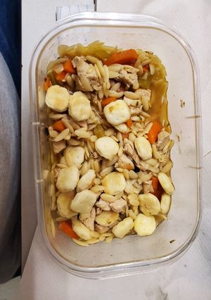 A picture of Chicken orzo soup.