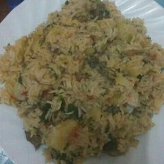 A picture of A mixture of rice and beef for one.