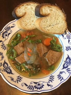 A picture of California Farm Beef Broth Swiss Chard Soup.
