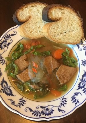 A picture of California Farm Beef Broth Swiss Chard Soup.