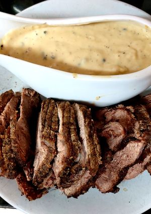 A picture of My Peppered Roast Beef with Peppercorn Sauce. 😋.