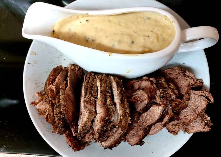 Get Breakfast of My Peppered Roast Beef with Peppercorn Sauce. 😋