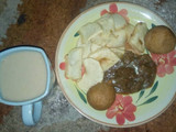 Yam and beans cake with pepper meat and kunnu tsmiya