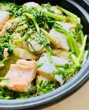Comforting Salmon Belly, cabbage and daikon hotpot with miso ginger sauce