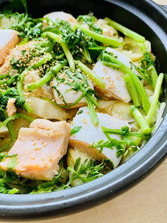 A picture of Comforting Salmon Belly, cabbage and daikon hotpot with miso ginger sauce.